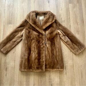 Luxury Ij Fox Furs Genuine Mink Fur Brown Mid-length Coat, Embroider Lining, Vtg